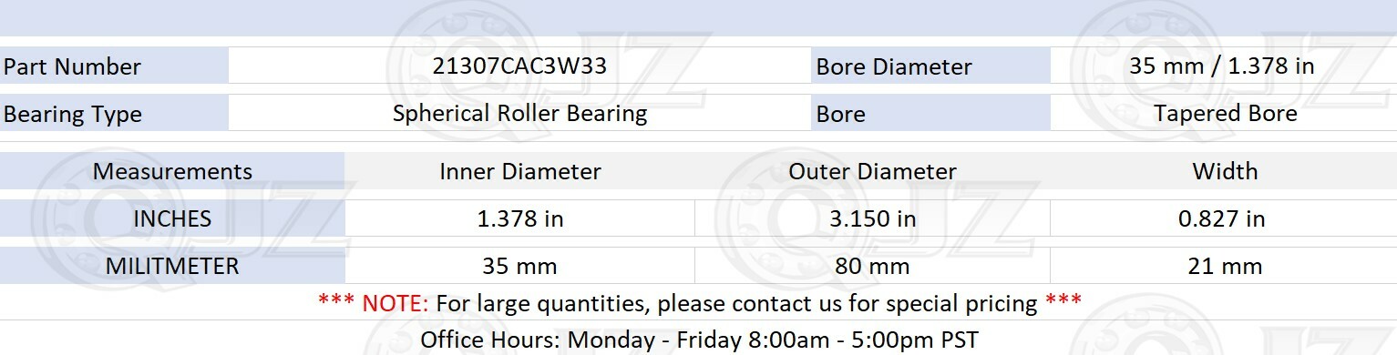 [2x] 21307CAC3W33 Spherical Roller Bearing Self Aligning 35 mm x 80 mm x 21 mm