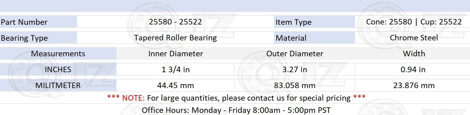 [2 Sets] Cone: 25580 Cup: 25522 Tapered Roller Bearing 1 3/4″ x 3.27″ x 0.94″