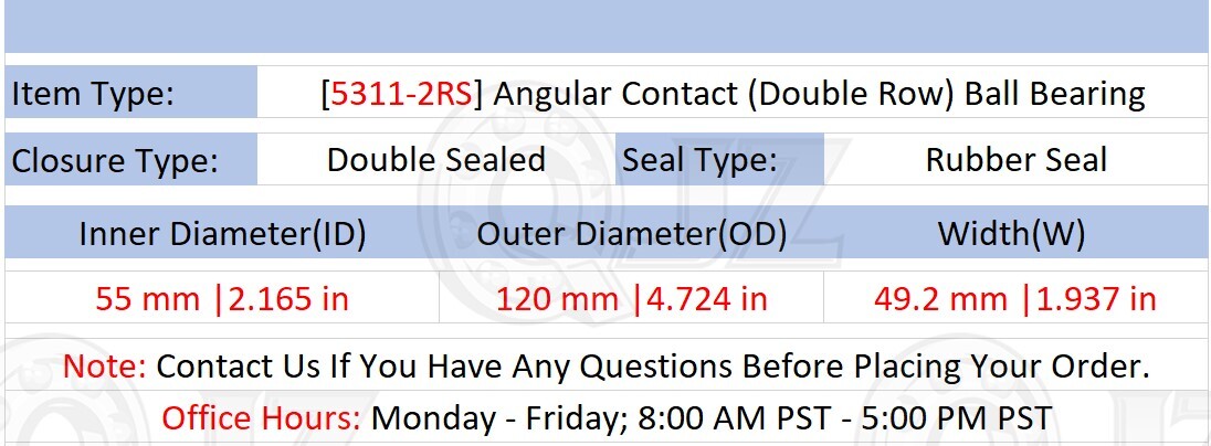 [Qty.8] 5311-2RS Angular Contact Ball Bearing [55mm Bore x 120mm OD x 49.2mm W]