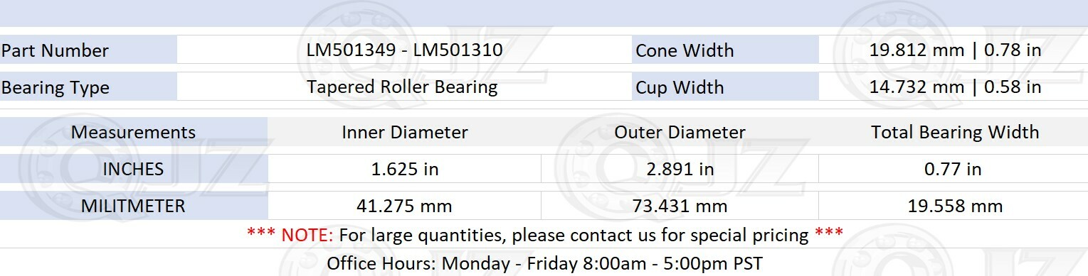 [1 Set] Cone LM501349 Cup LM501310 Tapered Roller Bearing 1.625″ x 2.89″ x 0.77″