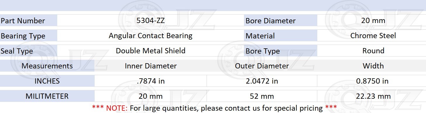 [Qty.10] 5304-ZZ New Angular Contact Ball Bearing [20mm ID x 52mm OD x 22.2mm W]