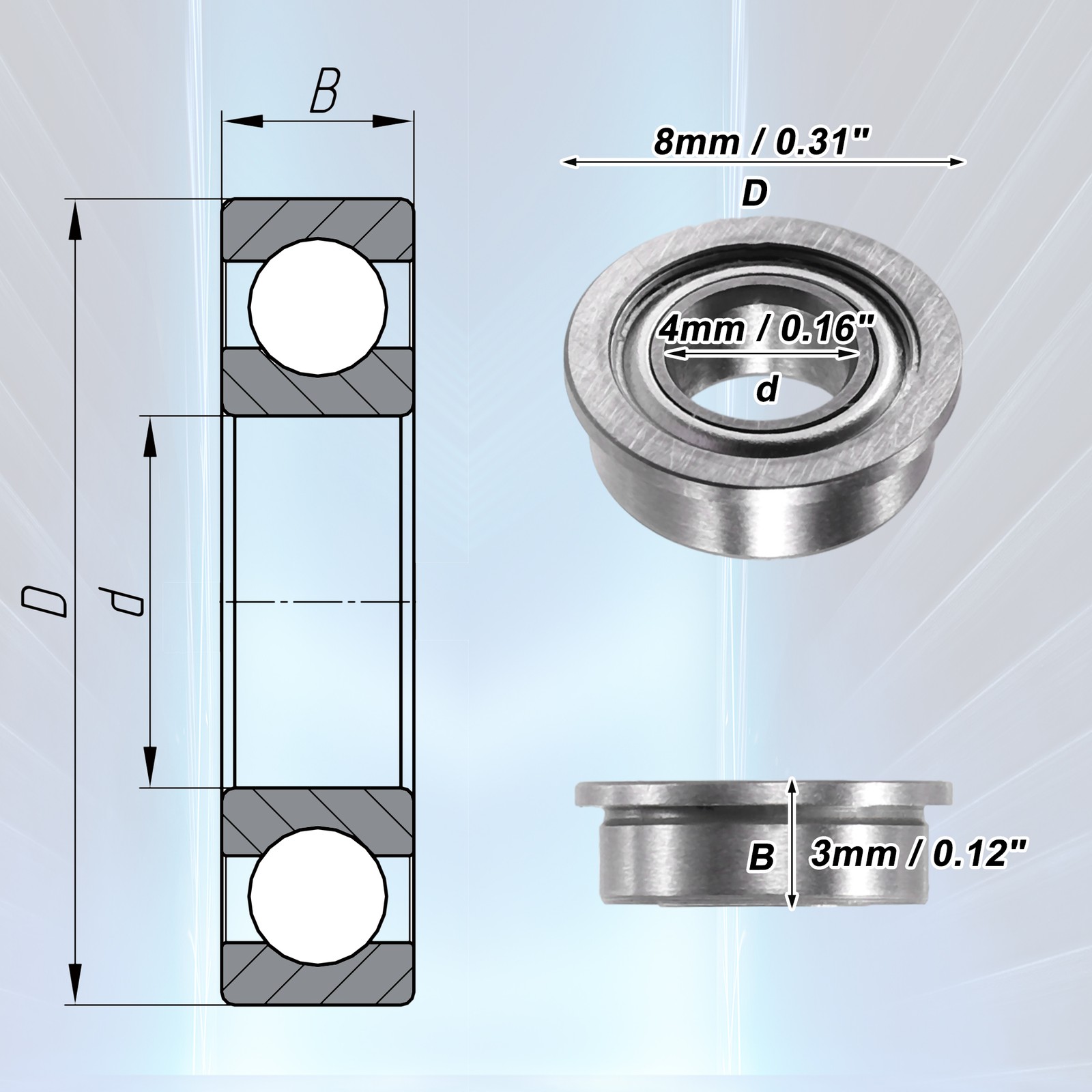 10 Pcs 4x8x3mm Double Metal Shield MF84ZZ Single Row Flanged Ball Bearings