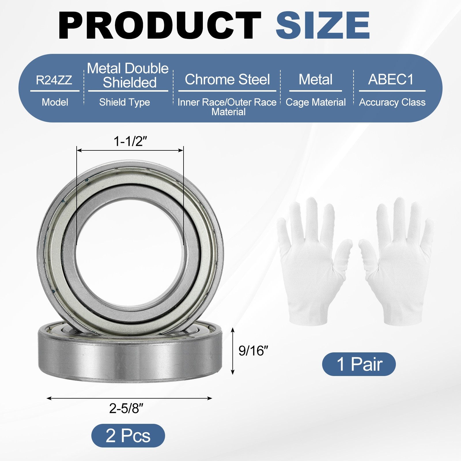 2Pcs R24ZZ 1-1/2″ IDx2-5/8″ ODx9/16″ Height Ball Bearings with Gloves, Silver