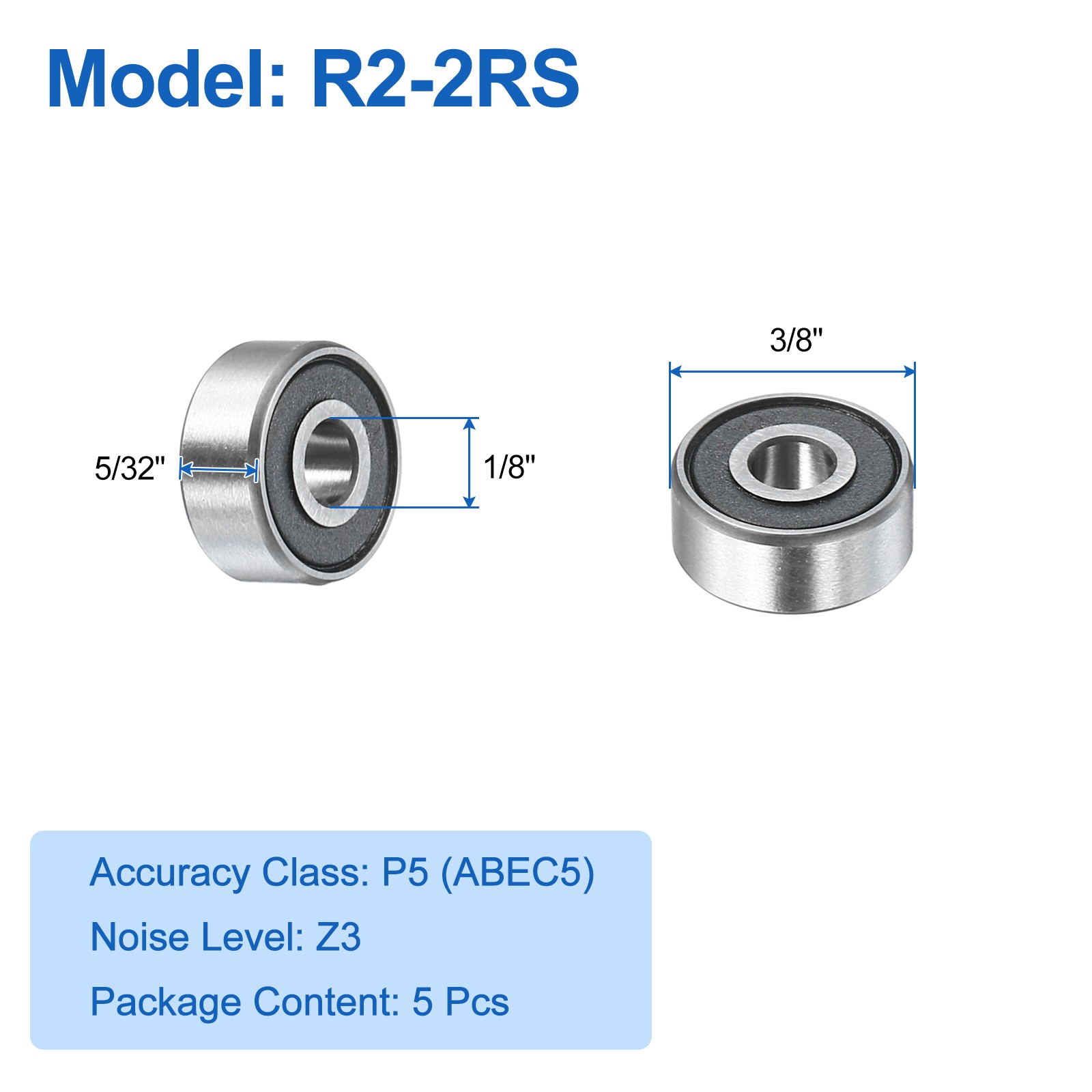 5Pcs R2-2RS Deep Groove Ball Bearings 1/8″x3/8″x5/32″ Double Metal Shielded Z3