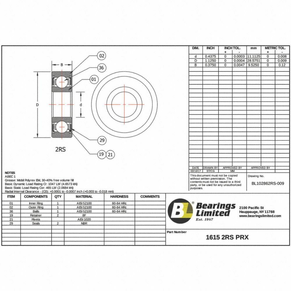 BL 1615 2RS PRX Radial Ball Bearing,Ps,0.4375In Bore Dia, 2 Rubber Seals