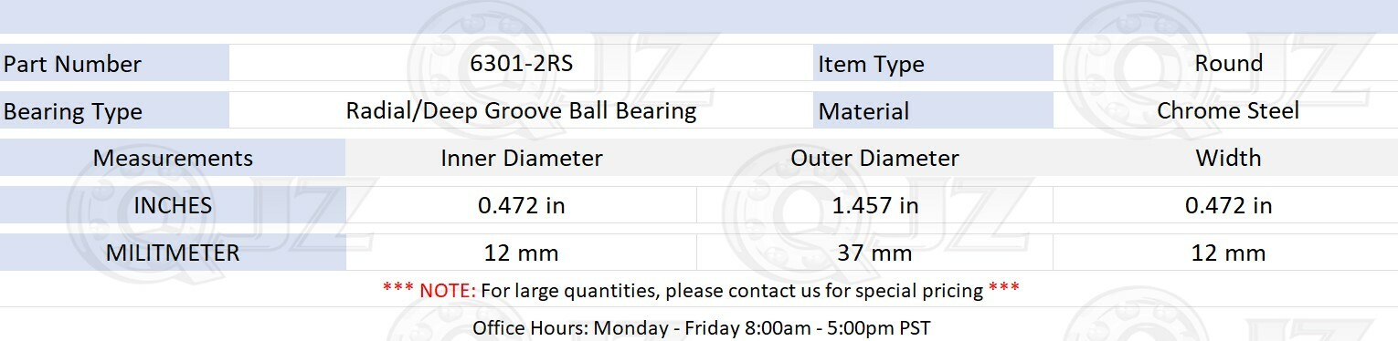 [1-Pack] 6301-2RS Radial/Deep Groove Ball Bearing 12mm x 37mm x 12mm (IDxODxW)
