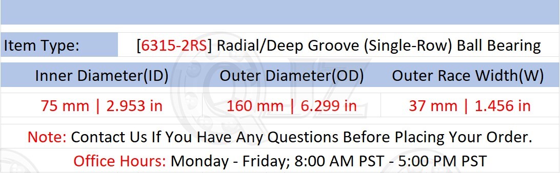 [Qty.8] 6315-2RS C3 New Radial/Deep Groove Bearing [75mm ID x 160mm OD x 37mm W]
