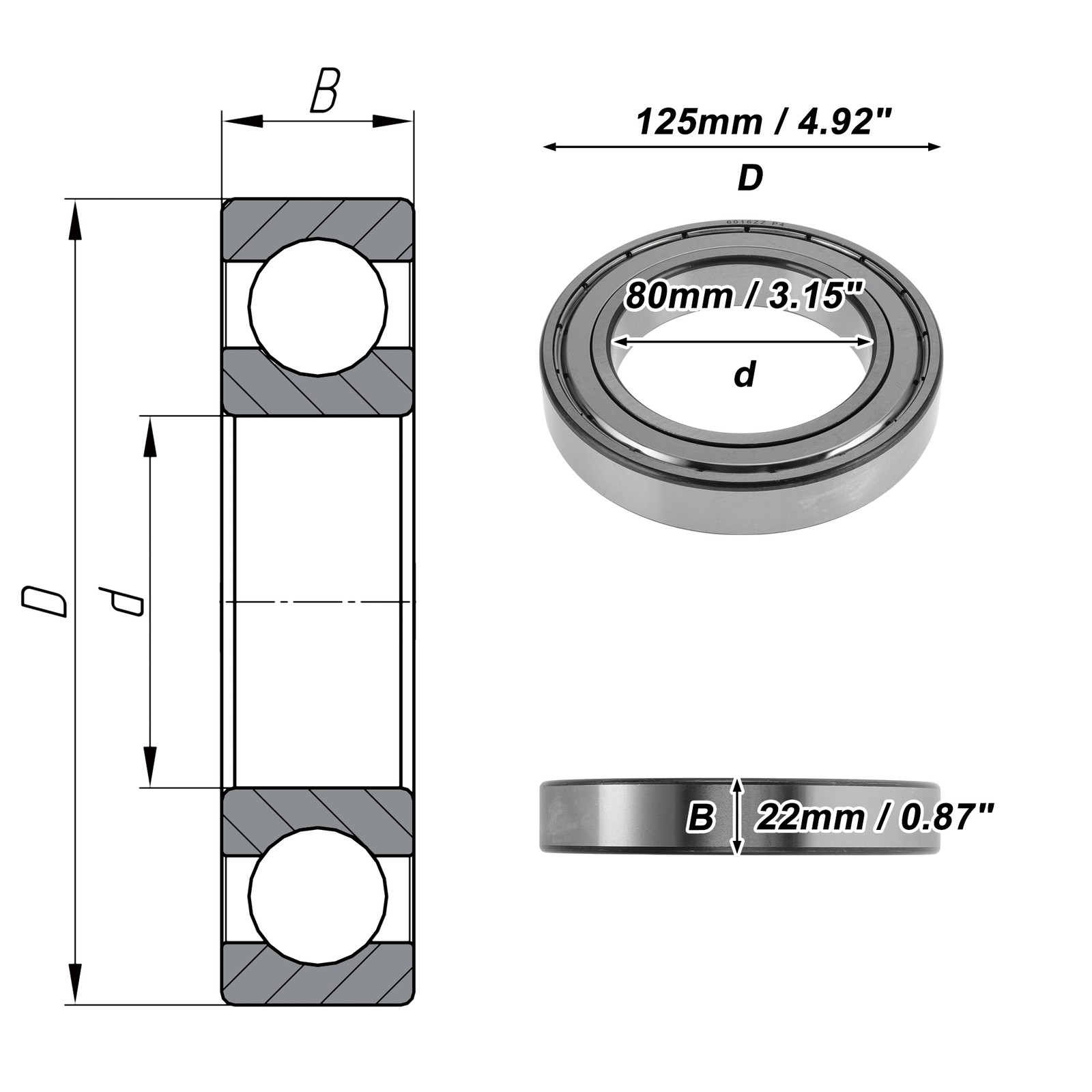 6016ZZ 80x125x22mm Ball Bearing for Silver Tone