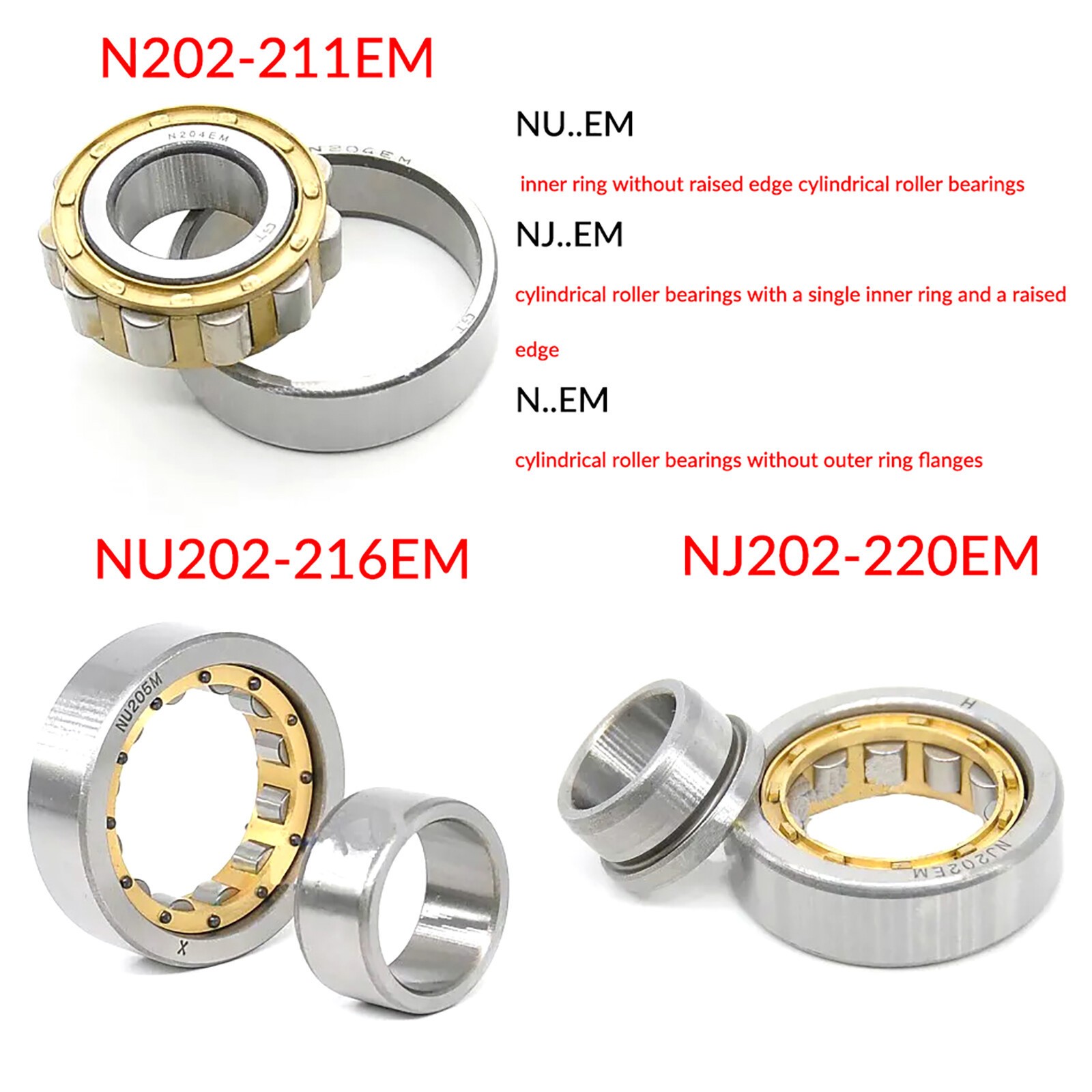 N/NU/NJ Radial Rolling Cylindrical Roller Bearing 15-100mm Bore Brass/Steel Cage