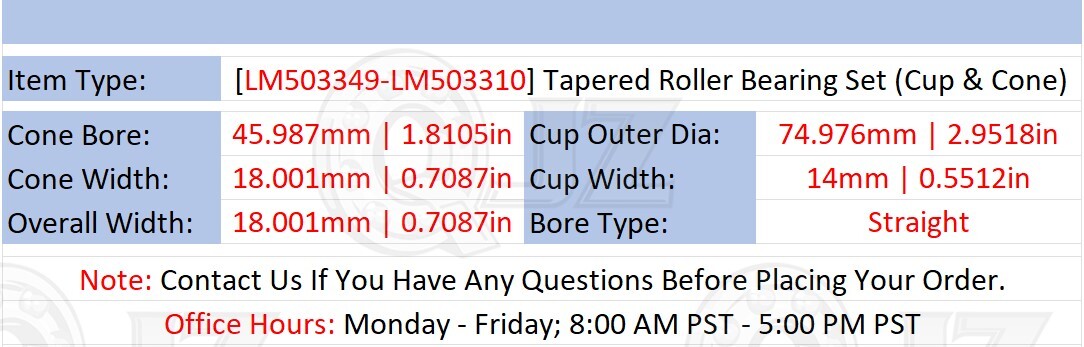 [Qty.2] LM503349-LM503310 Tapered Roller Bearing Set [1.8105″ Bore X 0.7087″ W]