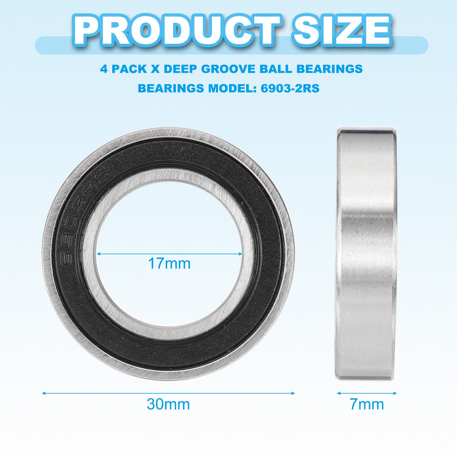 4pcs 6903-2RS Deep Groove Ball Bearing 17mm x 30mm x 7mm Double Rubber Sealed