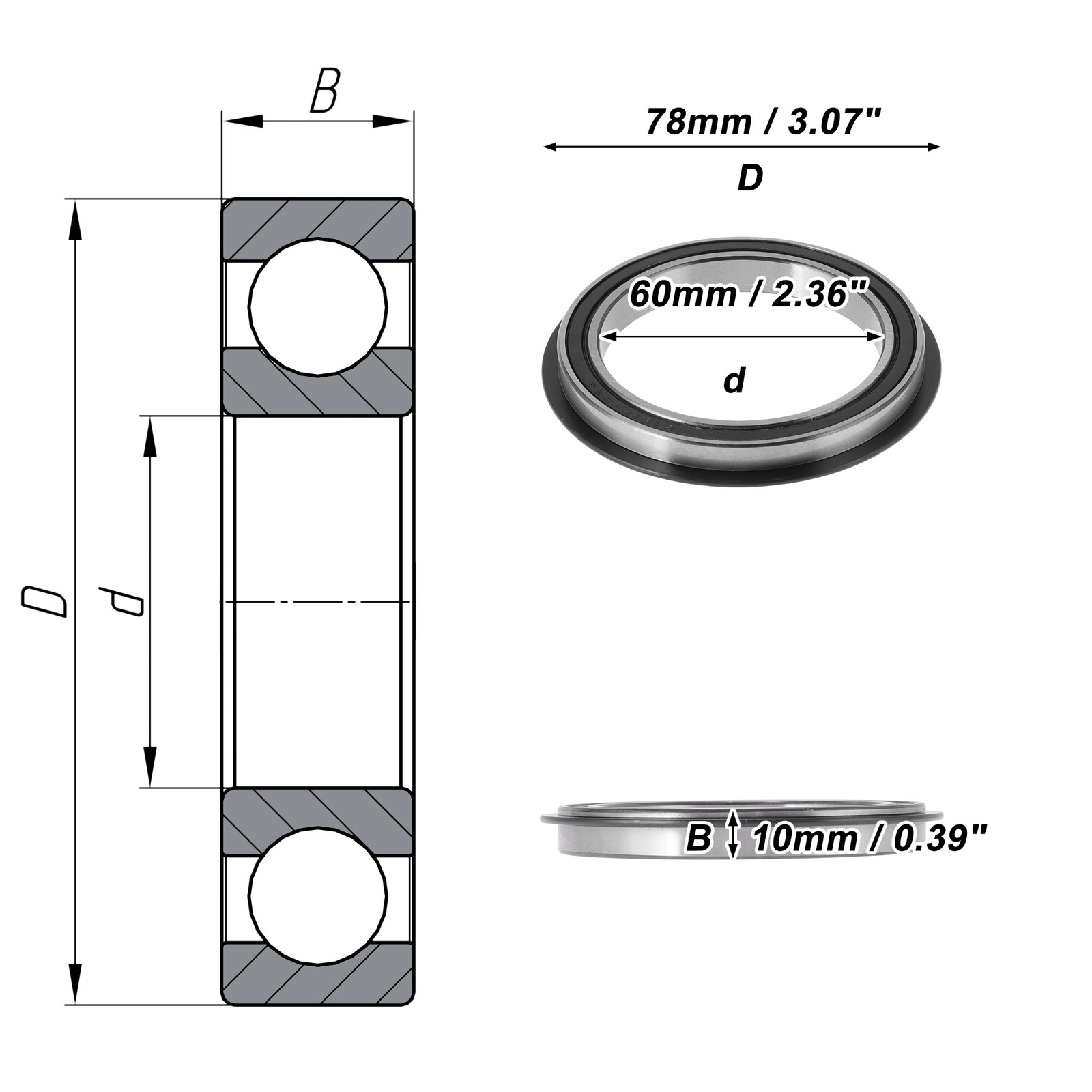 6812NR2RS 60x78x10mm Silver and Black Ball Bearing for