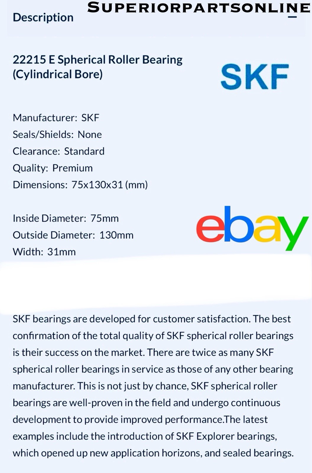 *NEW* SKF 22215 E/C3 Spherical Roller Bearing 75x130x31 mm 22215 E C3 22215E/C3