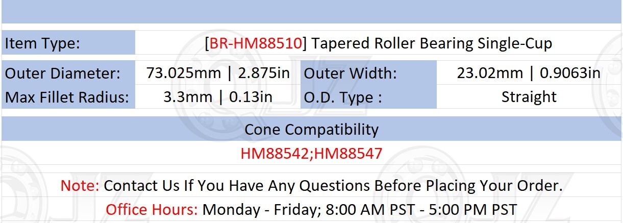 [Qty.1] New BR-HM88510 Tapered Roller Bearing Single-Cup [2.875″ OD x 0.9063″ W]