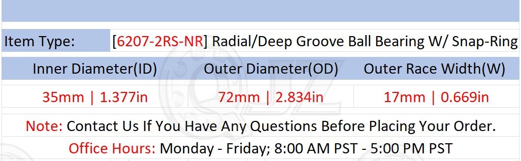 [Qty.50] 6207-2RS-NR Radial/Deep Groove Bearing w/Snap-Ring [35mm x 72mm x 17mm]