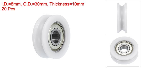 20pcs U608ZZ 8x30x10mm Nylon Pulley U-Groove Ball Bearing Roller Wheel