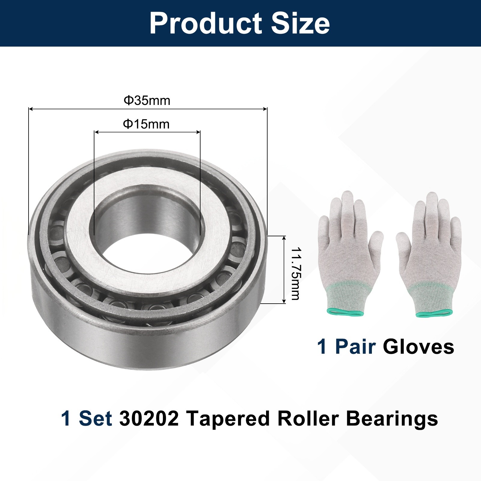 30202 Tapered Roller Bearing Cone and Cup, 15 x 35 x 11.75mm, with Gloves