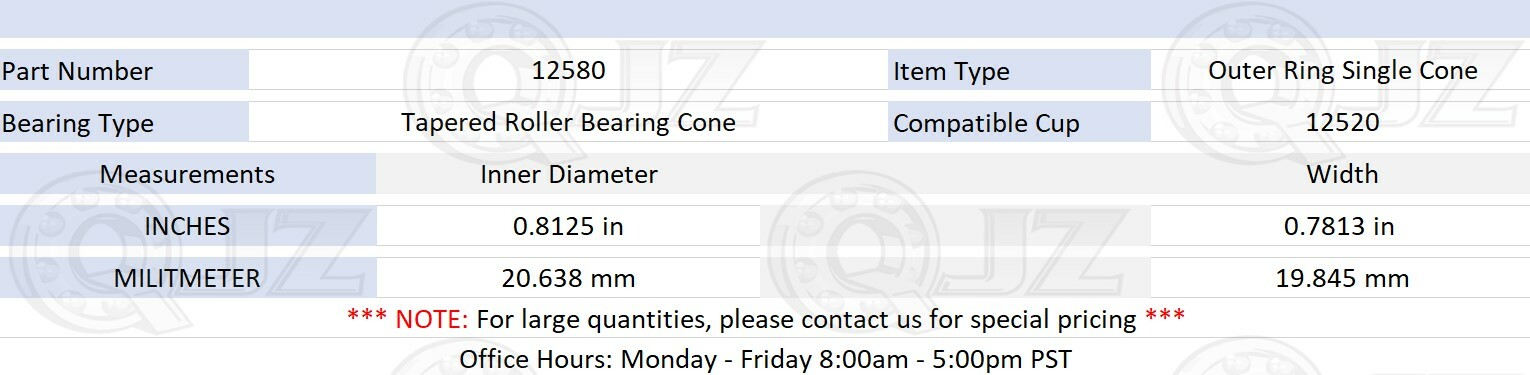 [2-Pack] 12580 Tapered Roller Inner Ring Cone 0.8125″ (Bore) x 0.7812″ (Width)