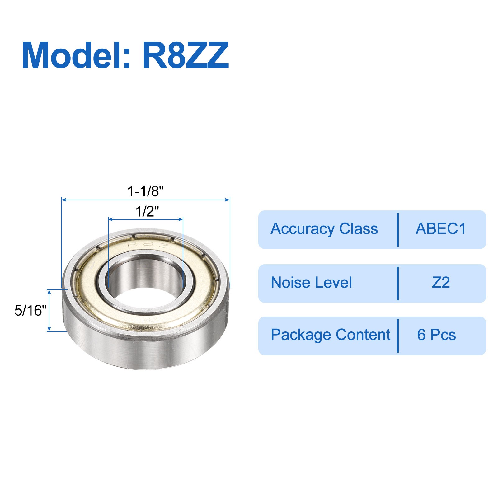 6pcs R8ZZ 1/2″x1-1/8″x5/16″ Silver Ball Bearings