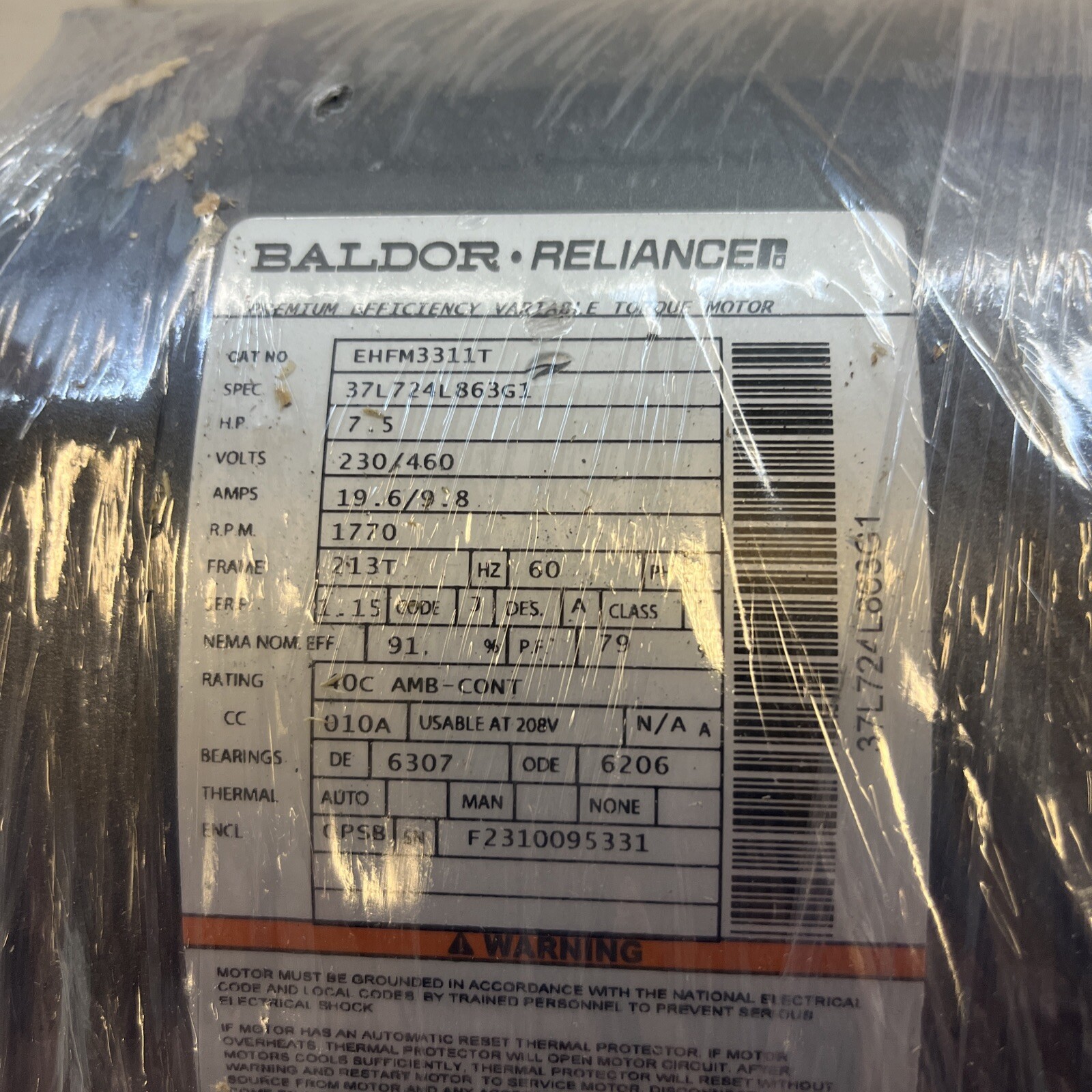 NEW EHFM3311T – ABB – BALDOR – 7.5HP,1770RPM,3PH,60HZ,213T,3734M,OPSB,F