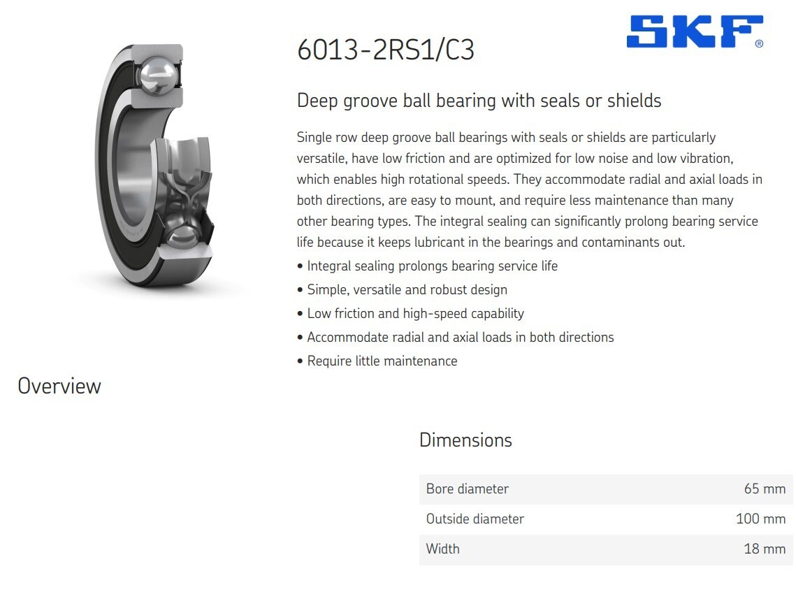 One (1) SKF 6013 2RS1/C3 Deep Groove Ball Bearing 65 MM Bore France NIB NEW