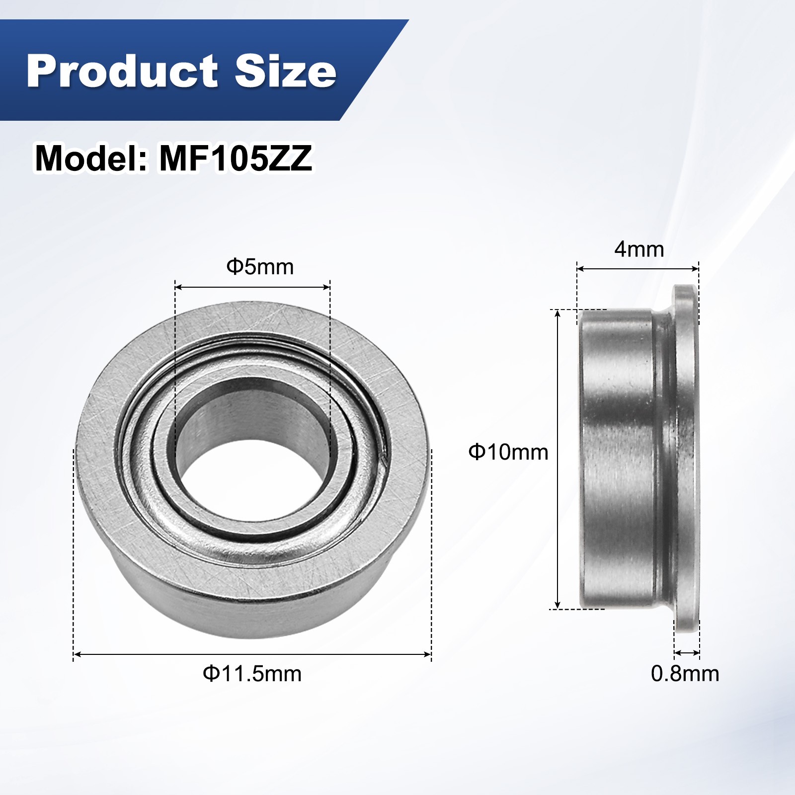 10-Pack MF105ZZ Flanged Ball Bearing, 5x10x4mm Metal Sealed Chrome Steel