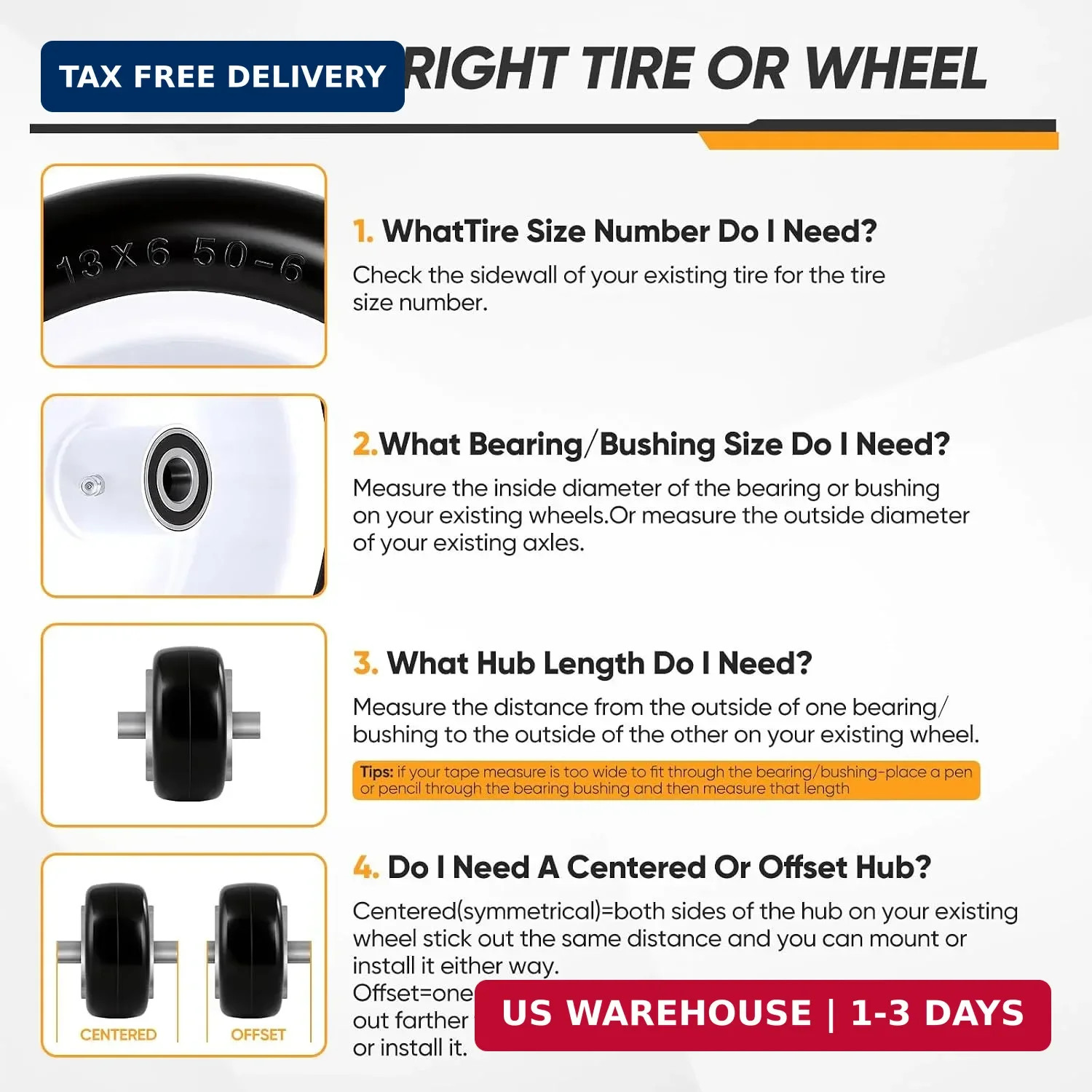 13×6.50-6 Flat Free Lawn Mower Tires and Wheels, 1/2″ 3/4″ 5/8″ Ball Bearings, 1