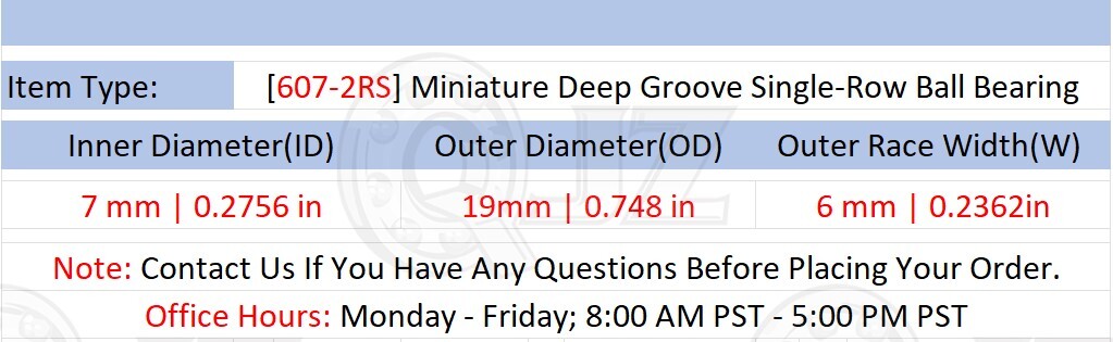 [Qty.10] 607-2RS Miniature Radial/Deep Groove Bearing [7mm ID x 19mm OD x 6mm W]