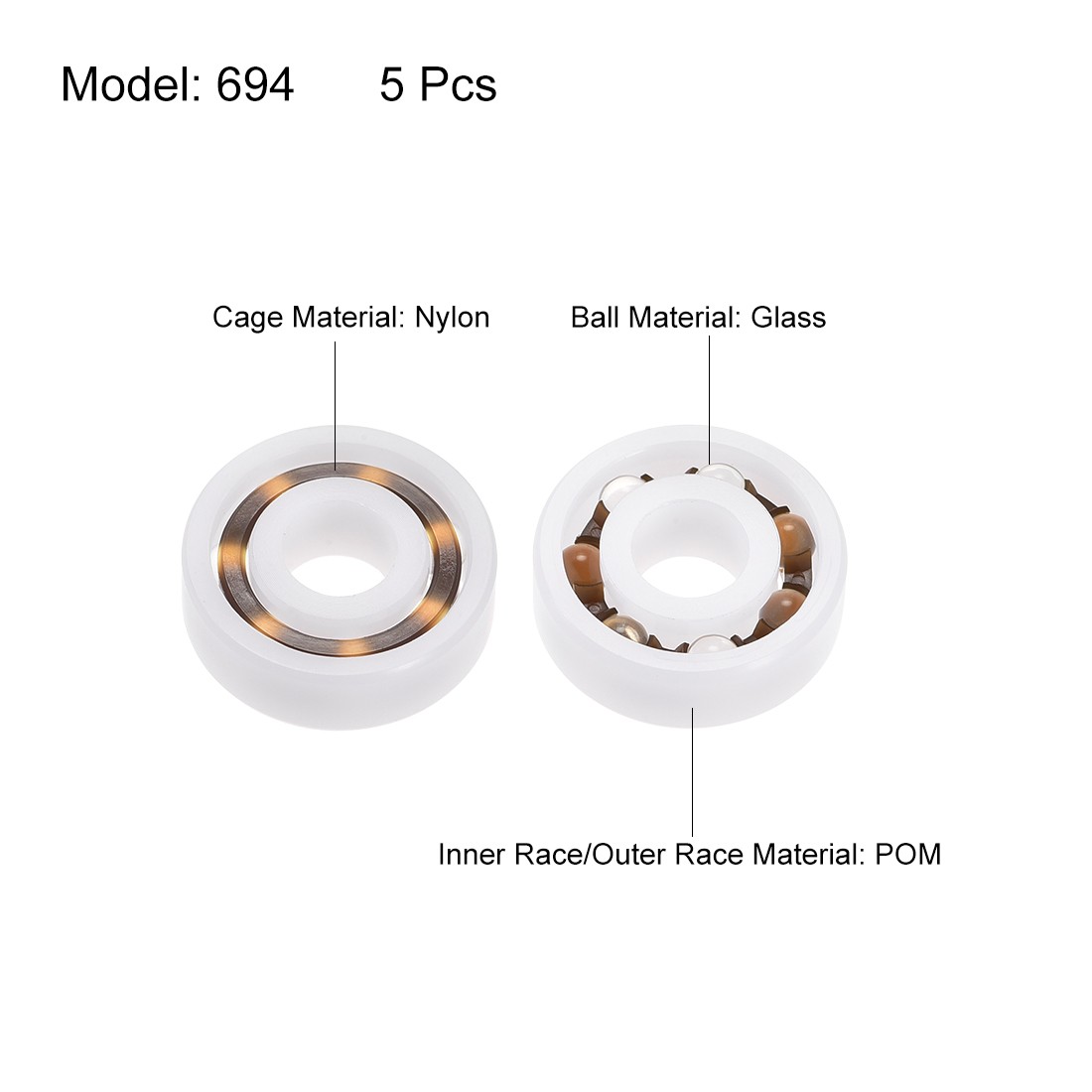 694 Plastic Bearings 4x11x4mm Glass Ball Nylon Cage 5pcs