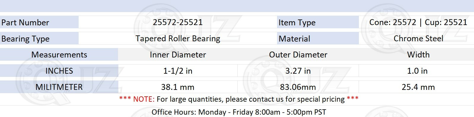 [2-Pack] 25572-25521 Tapered Roller Bearing Set 1-1/2″ x 3.27″ x 1.0″ (IDxODxW)