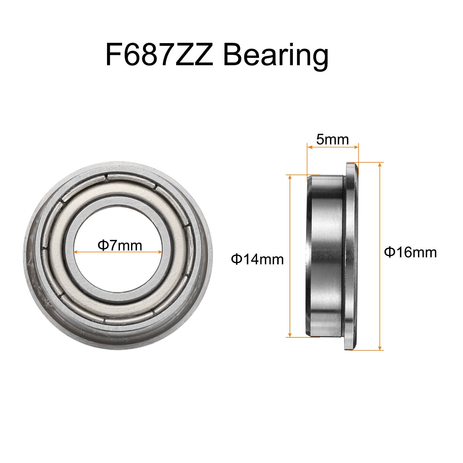 10pcs F687ZZ Flanged Ball Bearing 7x14x5mm Chrome Steel Shielded, P6 (ABEC 3)