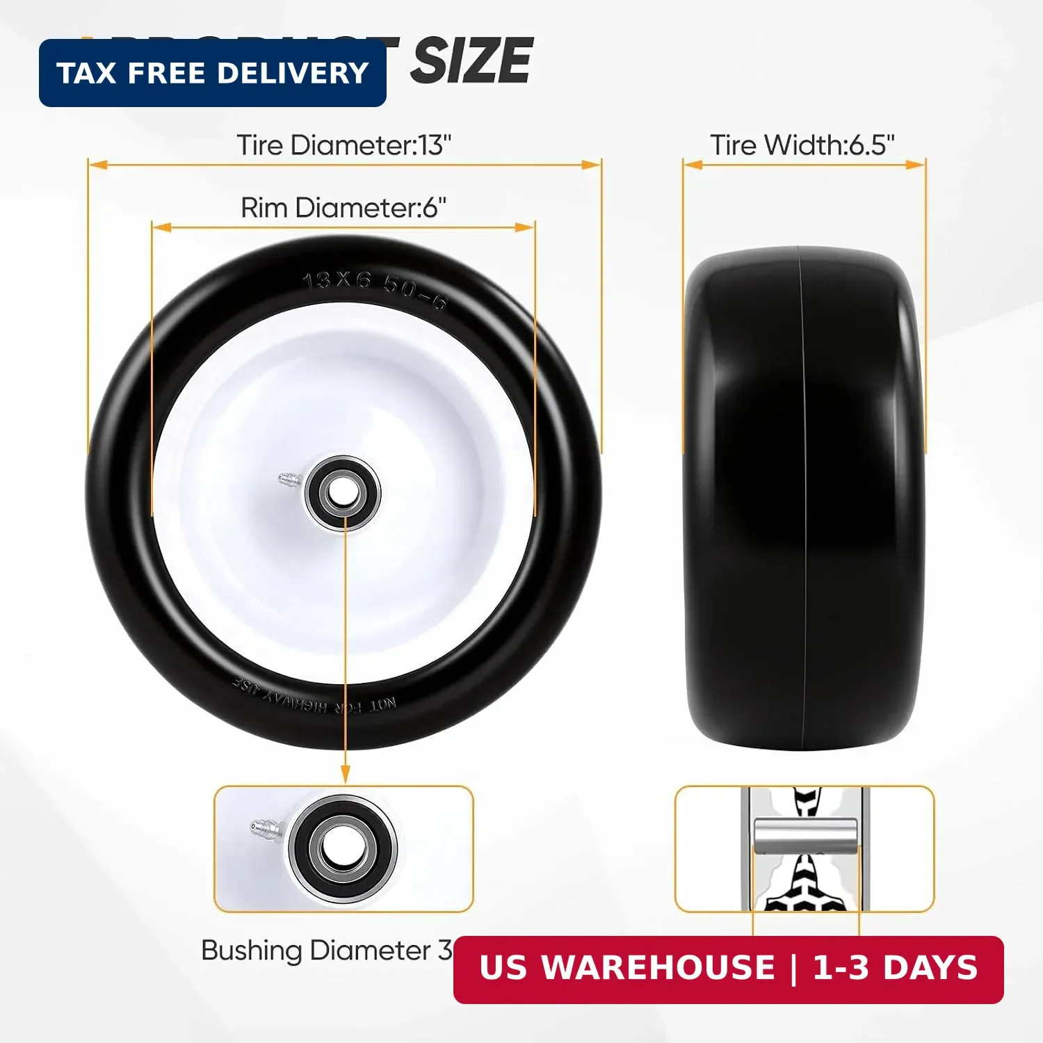 13×6.50-6 Flat Free Lawn Mower Tires and Wheels, 1/2″ 3/4″ 5/8″ Ball Bearings, 1
