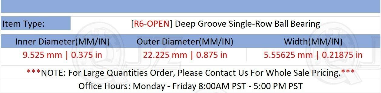 [Qty.4] New R6-OPEN Deep Groove Ball Bearing [0.375″ ID x 0.875″ OD x 0.218″ W]