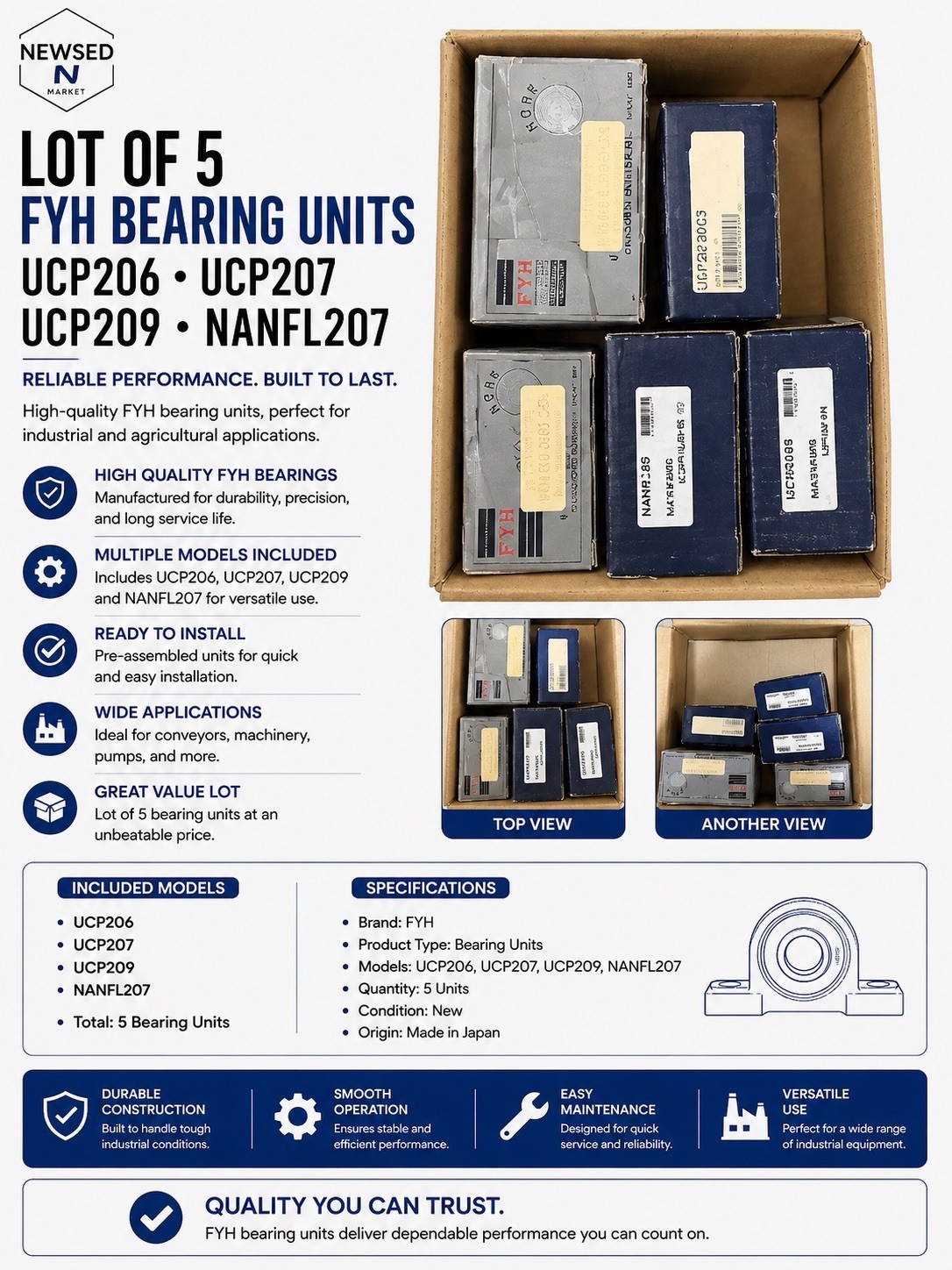 Lot of 5 FYH Bearing Units UCP206 UCP207 UCP209 NANFL207