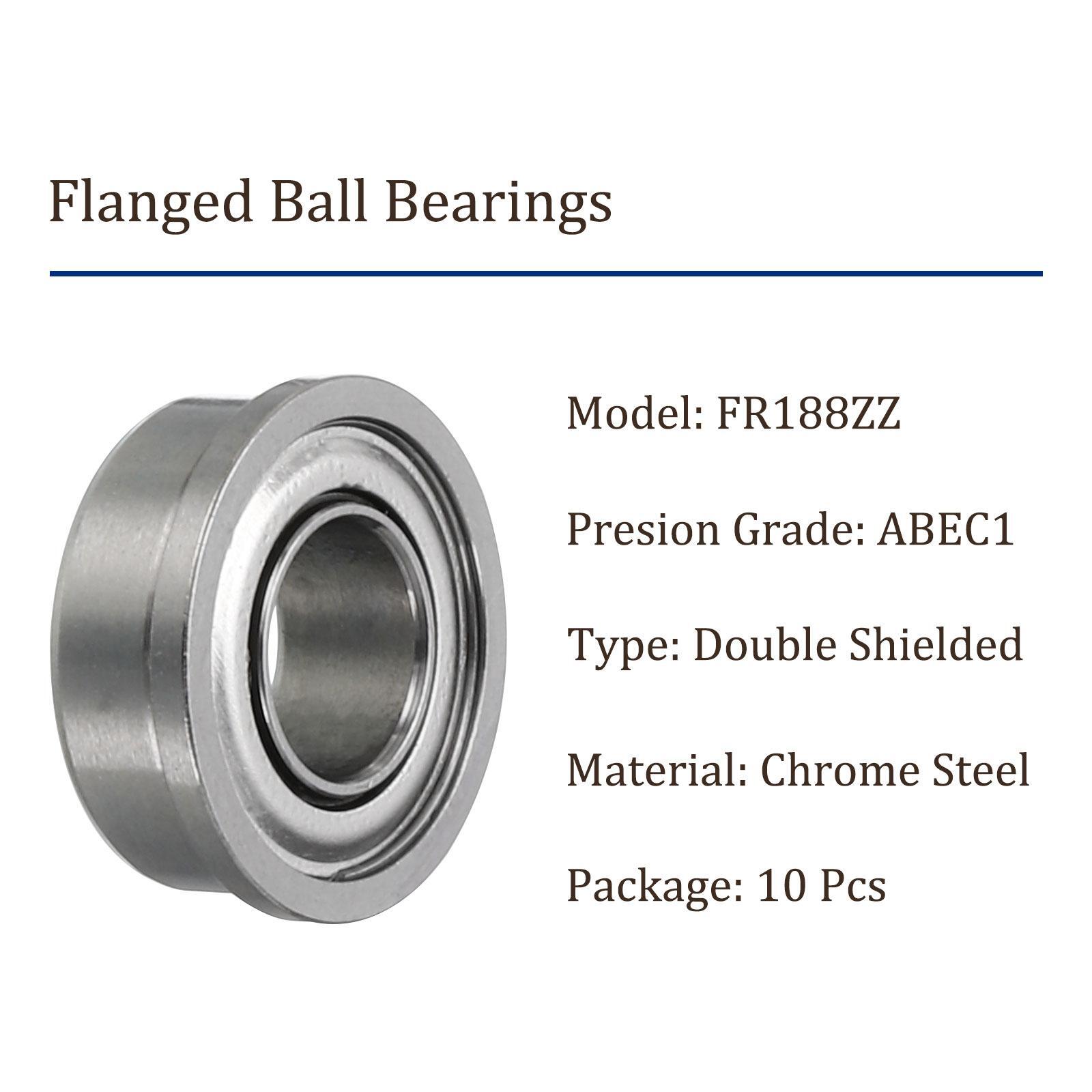 10pcs FR188ZZ Flanged Ball Bearing 1/4×1/2×3/16 Inch Chrome Steel ABEC1