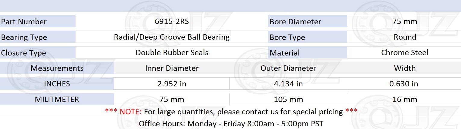 [Qty.8] 6915-2RS Radial/Deep Groove Ball Bearing [72mm ID x 105mm OD x 13mm W]