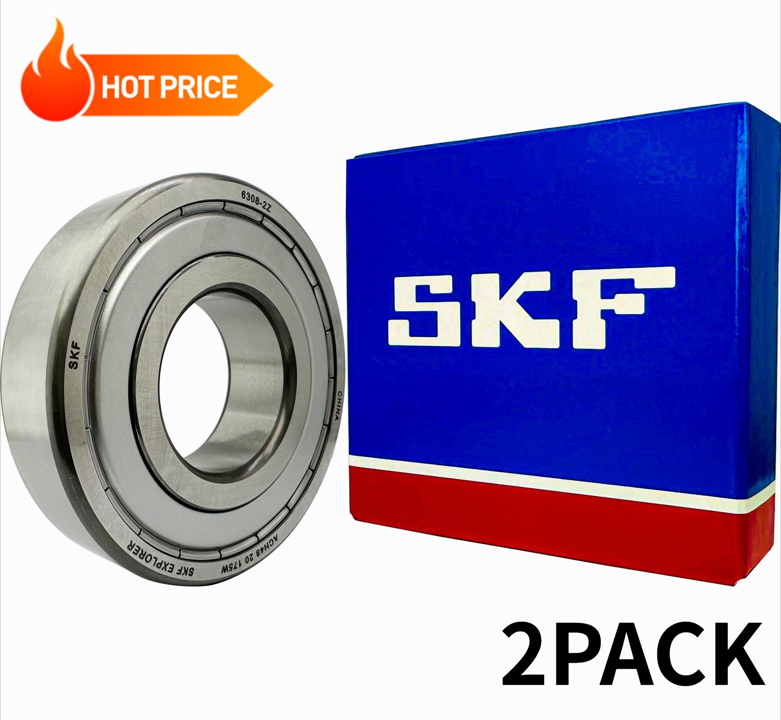 2PACK SKF 6308-2Z 40X90X23MM Double Metal Seal Ball Bearings 6308ZZ