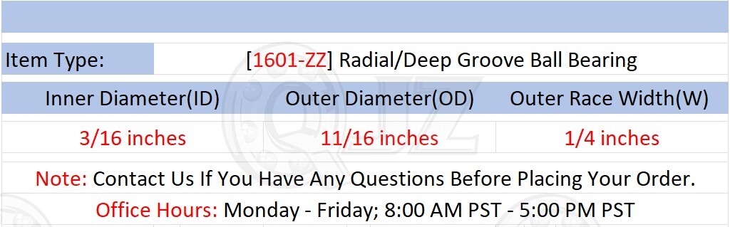 [Qty.5] 1601-ZZ Radial/Deep Groove Ball Bearing [3/16″ ID x 11/16″ OD x 1/4″ W]