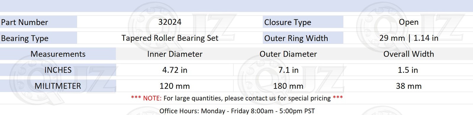 [1-Pack] 32024 Tapered Roller Bearing Set 120 mm x 180 mm x 38 mm (IDxODxW)