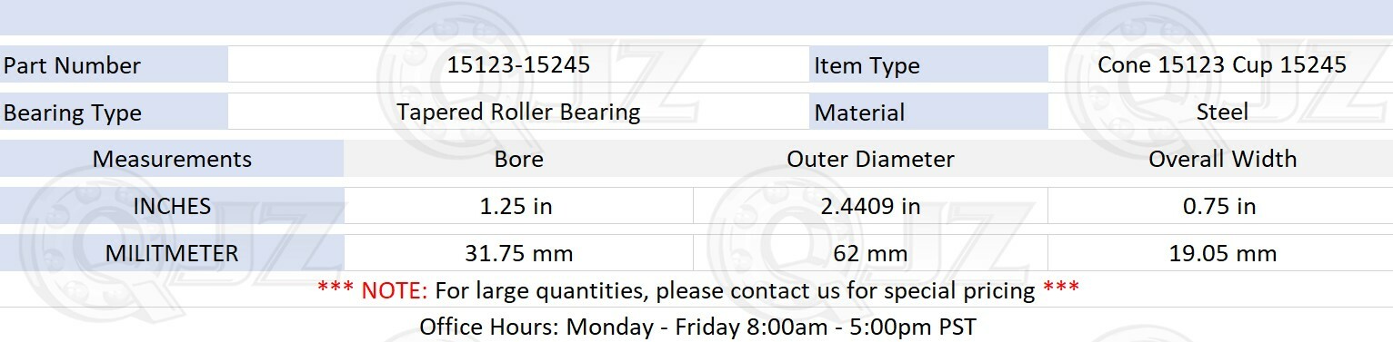 [2 Sets] Cone: 15123 Cup: 15245 Tapered Roller Bearing 1.25″ x 2.4409″ x 0.75″