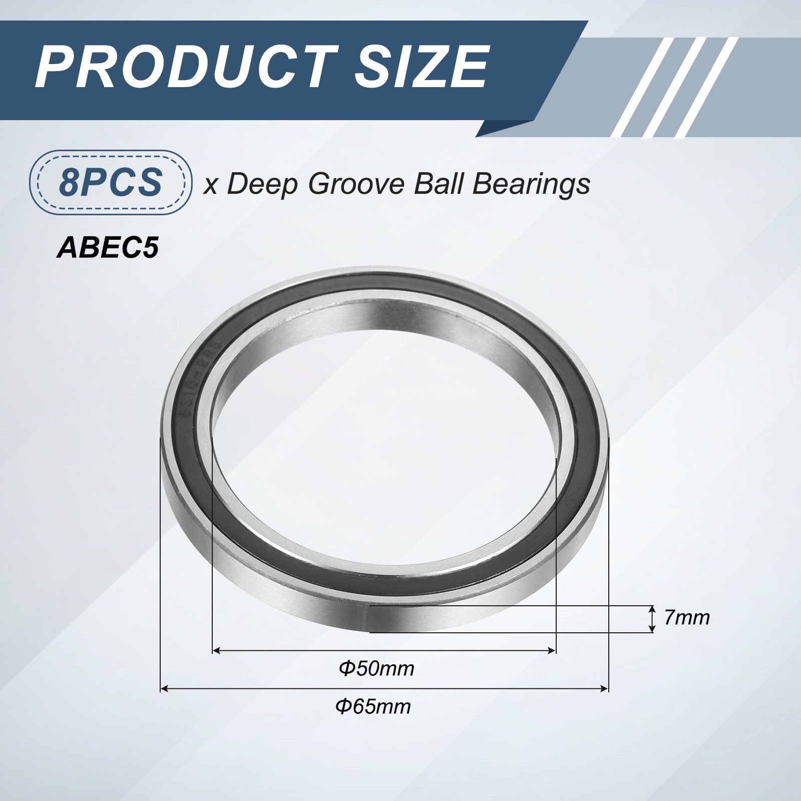 8Pcs 6810 2RS 50mmx65mmx7mm Rubber Shielded Deep Groove Ball Bearing, Black