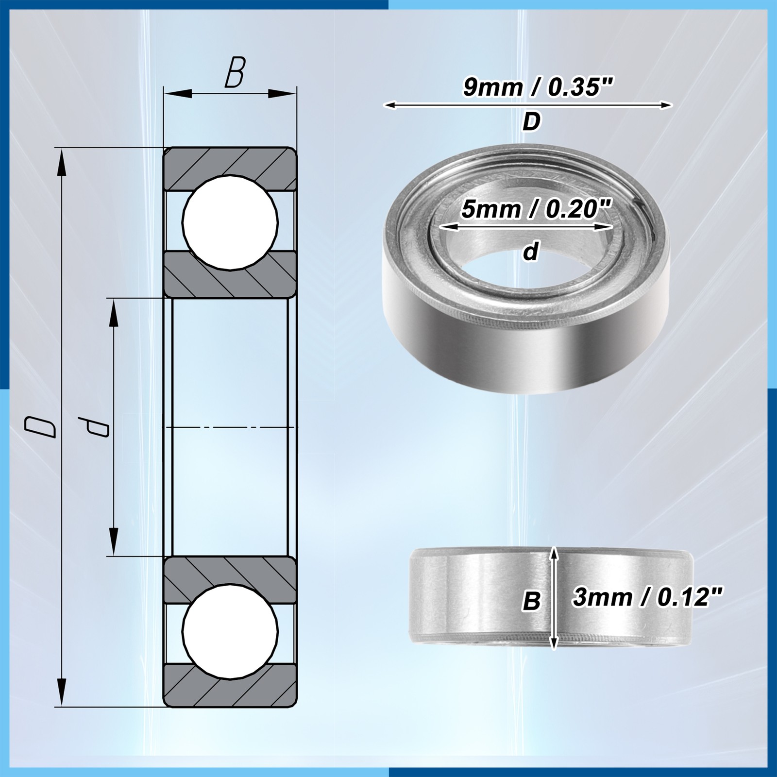 10Pcs 5x9x3mm Double Metal Shield MR95ZZ Auto Car Deep Groove Ball Bearings
