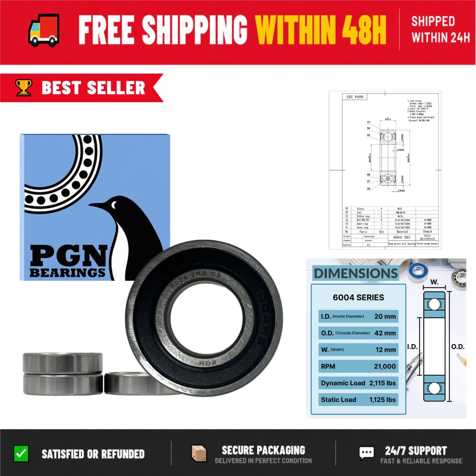 PGN 6004-2RS Bearing – Lubricated Chrome Steel Ball Bearing 20x42x12mm