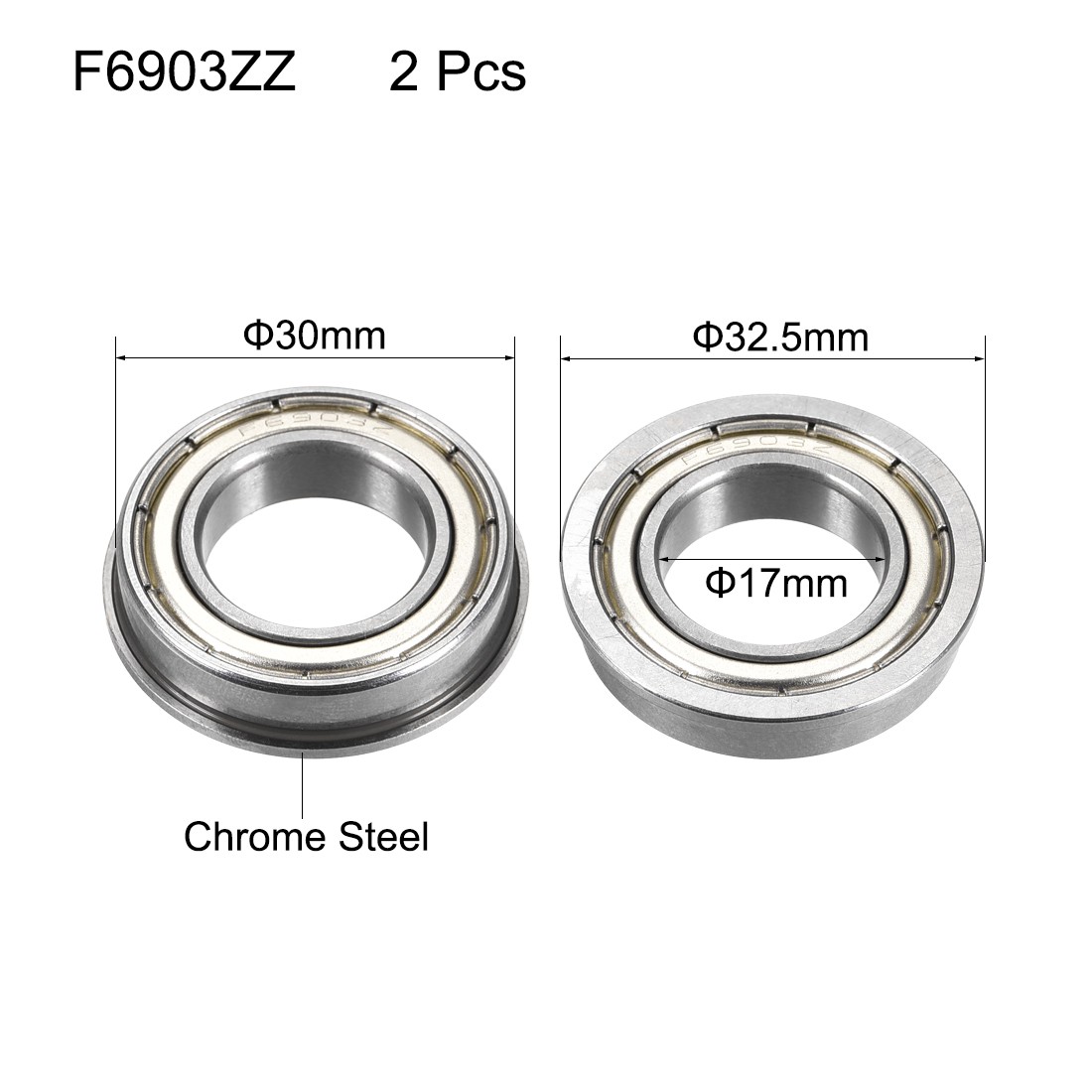 F6903ZZ Flange Ball Bearing 17x30x7mm Double Shielded Chrome Steel 2Pcs