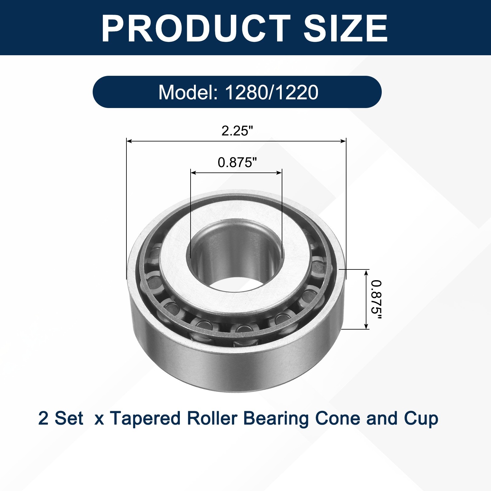 2Sets 1280/1220 Tapered Roller Bearing Cone and Cup, 0.875×2.25×0.875″