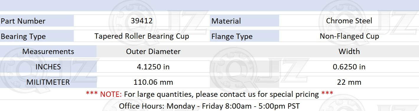 [2-Pack] 39412 Tapered Roller Outer Ring Single Cup 4.125 in x 0.625 in (ODxW)