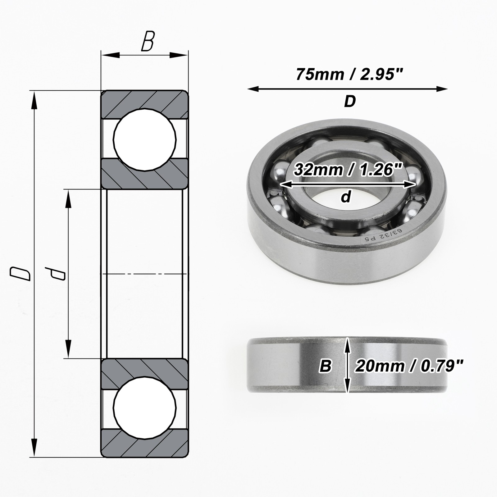 63/32 Deep Throat Bearings P5 32x75x20 1pc for Scooters and Skateboards