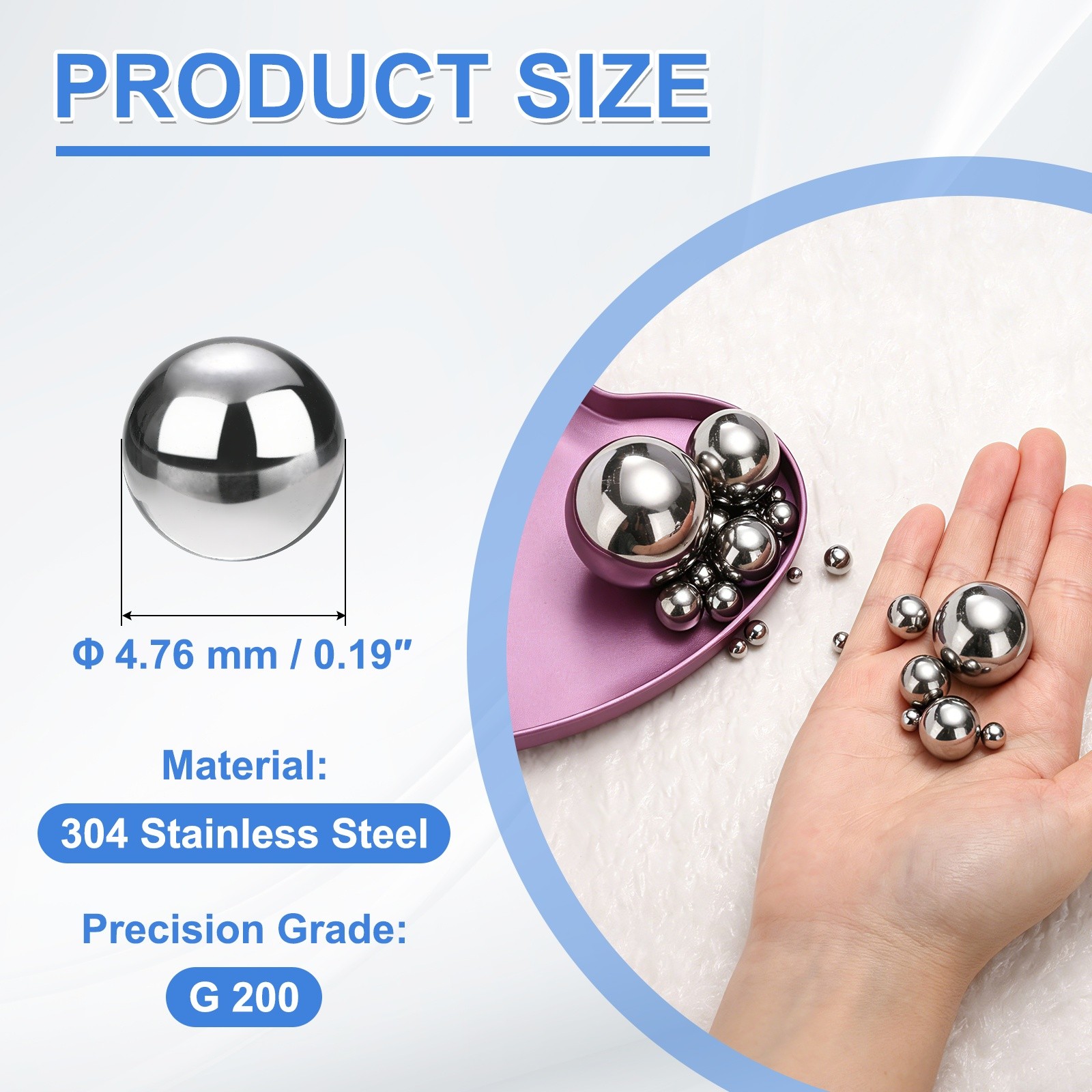 500Pcs Bearing Balls, 4.763mm Diameter 304 Stainless Steel G200 Precision Ball