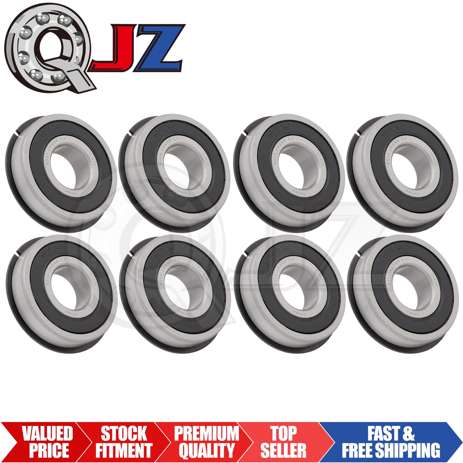 [Qty.8] New 6305-2RS-NR Ball Bearing w/ Snap-Ring [25mm Bore x 62mm OD x 17mm W]