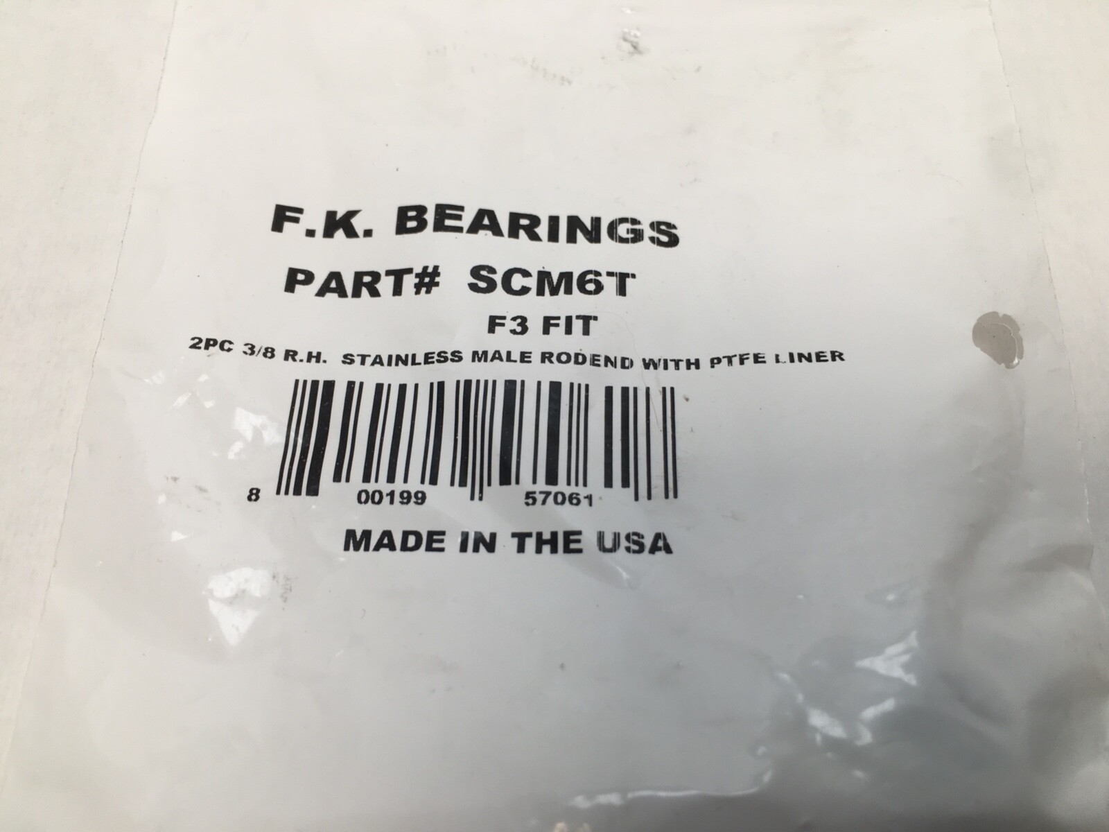 F.K. SCM6T Tie Rod End Bearing 3/8″ ID 3/8-24 F3 Fit w/ PTFE Liner SCM 6 T USA